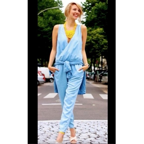 Zara Denim Wrap Front Chambray Jumpsuit S - Picture 1 of 8